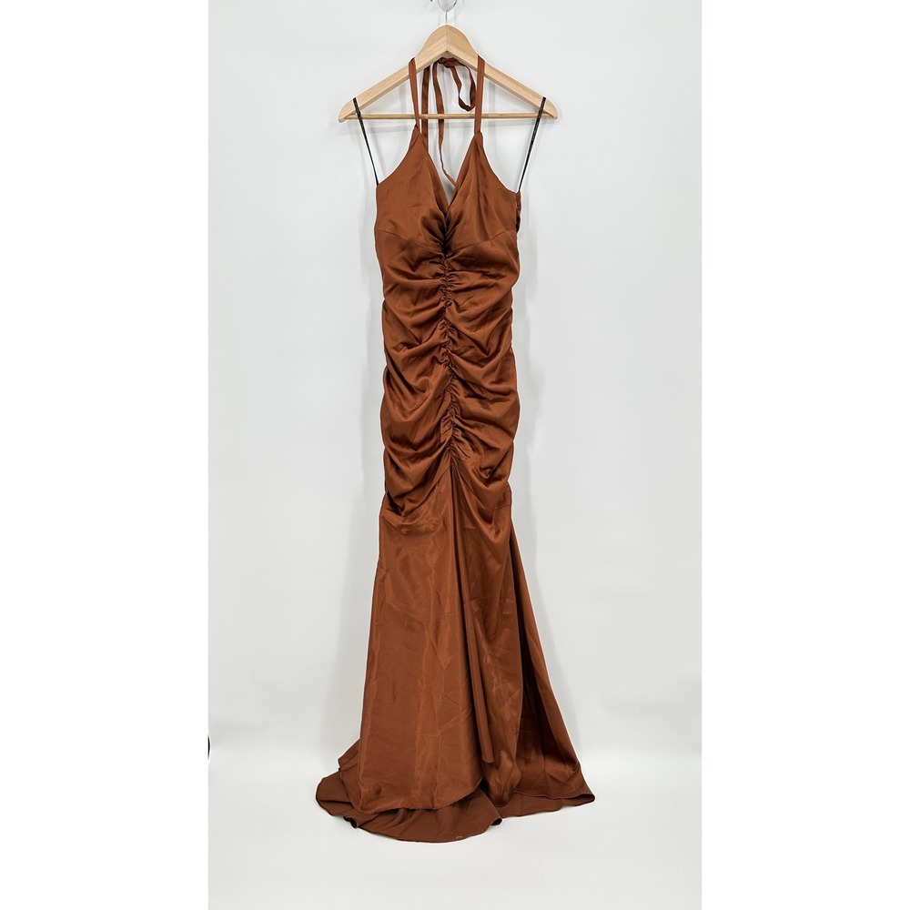 Jessica McClintock Y2K Bronze Satin Ruched Halter Evening Gown Dress Junior's 12